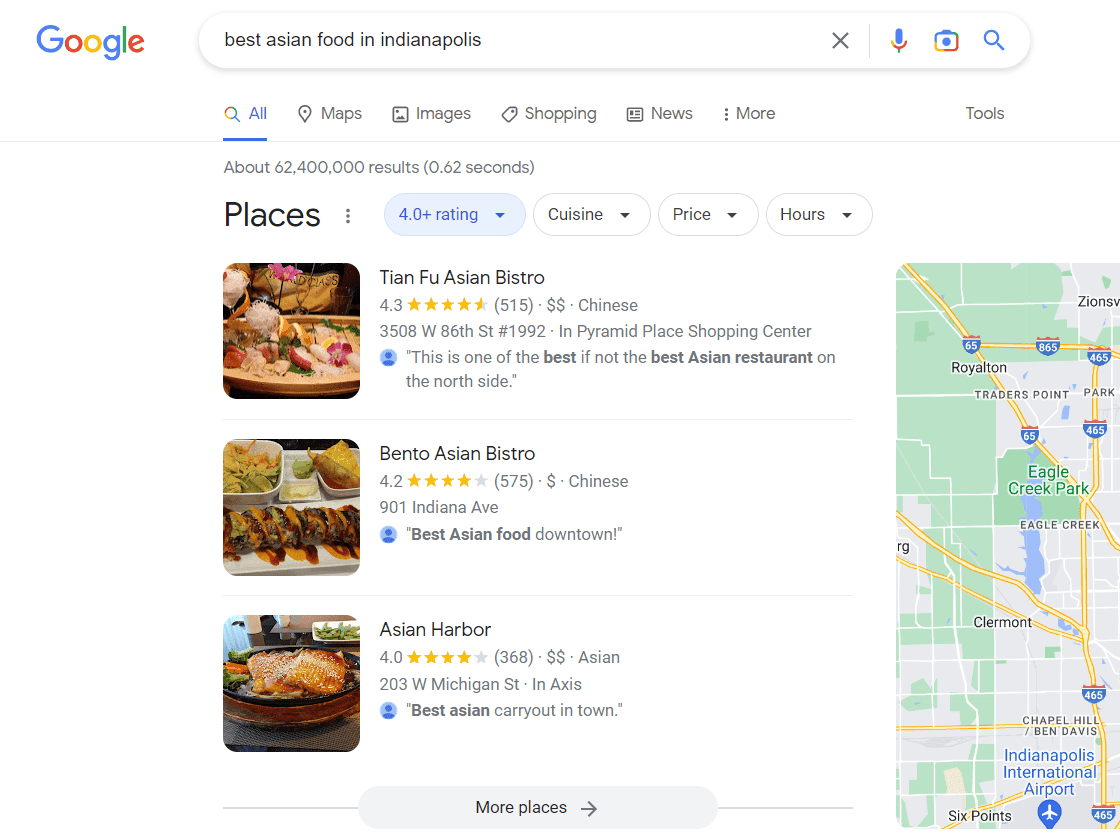 Resultados de Google Local Pack mostrando restaurantes