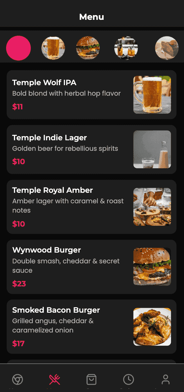 Interfaz de menú de la app móvil de Temple