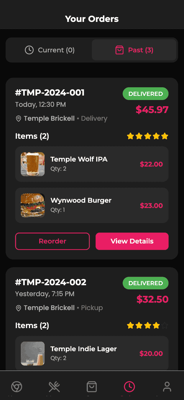Pantalla de pedidos de la app móvil de Temple Craft