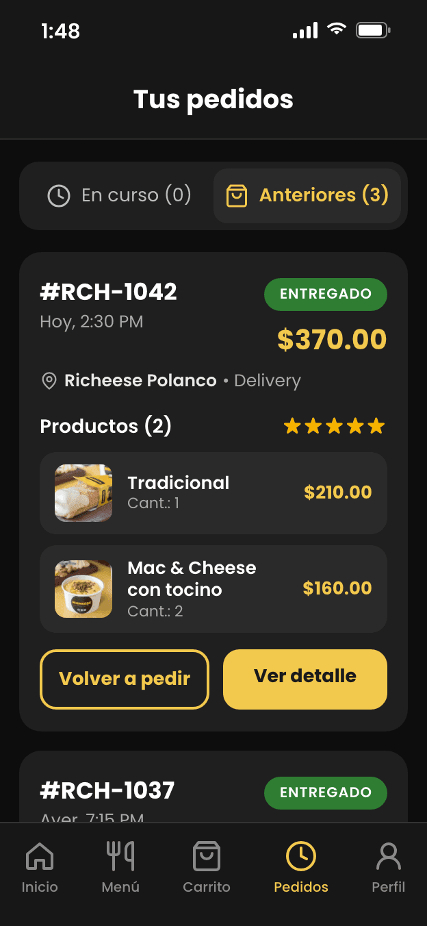 Pantalla de pedidos de la app móvil de Richeese