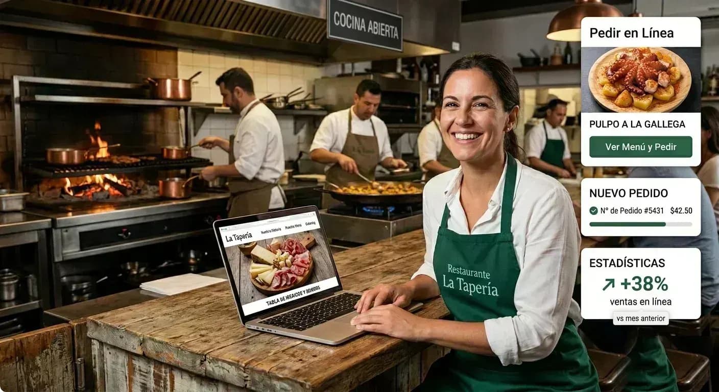 Dueña de restaurante con su nuevo sitio web recibiendo pedidos online y más ventas