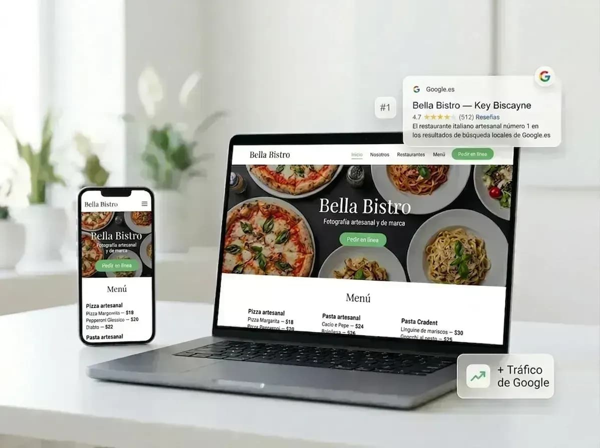 Sitio web de restaurante con pedidos online, rankeando #1 en Google y generando más tráfico