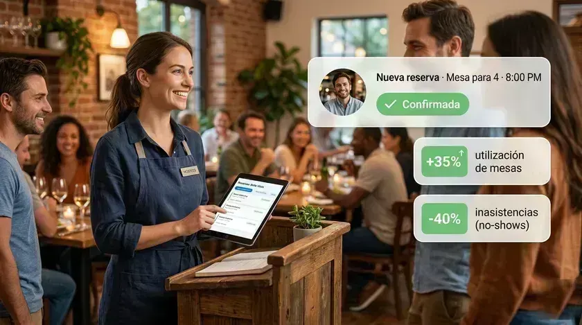 Anfitriona recibiendo clientes con el sistema de reservas en tablet, +35% utilización de mesas y -40% no-shows