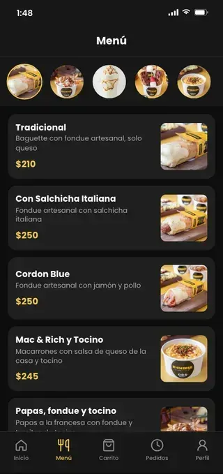 Menú de la app móvil de Richeese