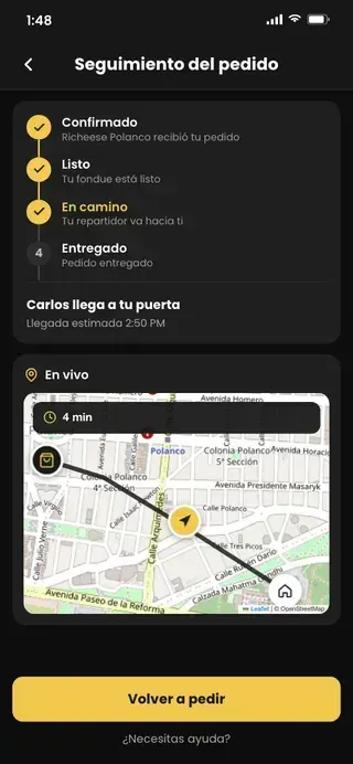 Seguimiento en tiempo real de un pedido de Richeese en Ciudad de México