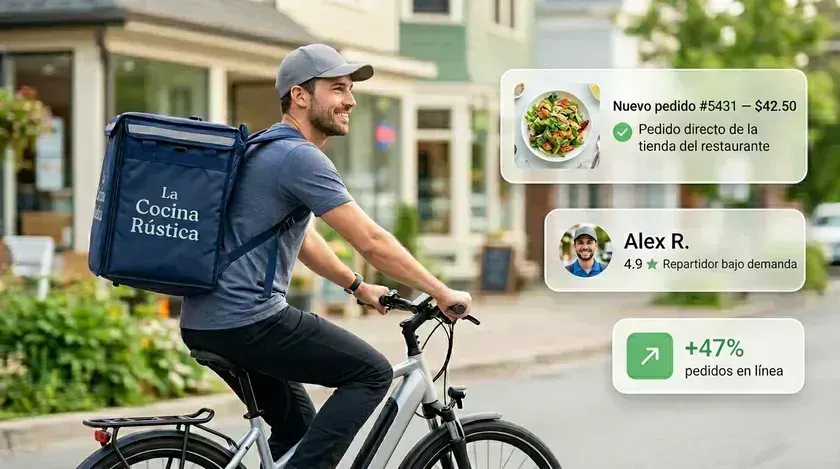 Repartidor on-demand llevando un pedido directo de tu tienda online