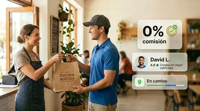 Dueña de restaurante entregando un pedido a un repartidor mejor calificado, con 0% de comisión