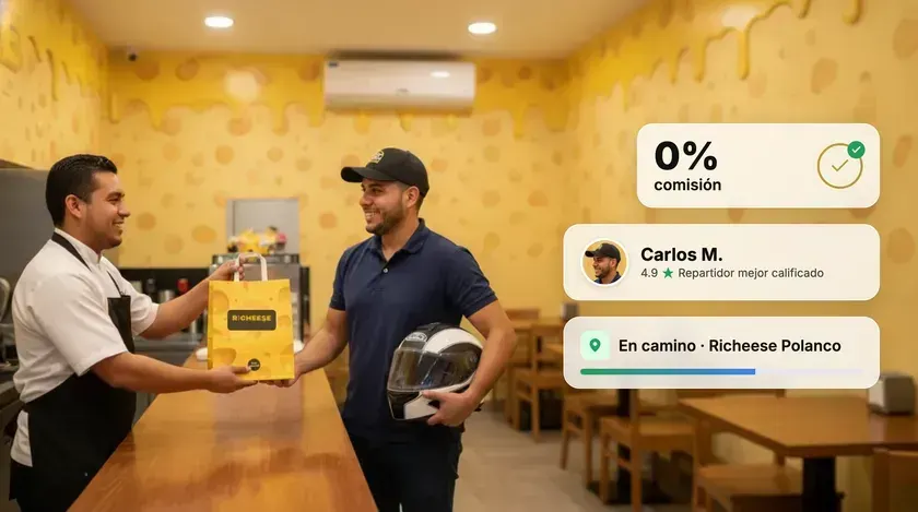 Equipo de Richeese entregando un pedido a un repartidor mejor calificado, con 0% de comisión